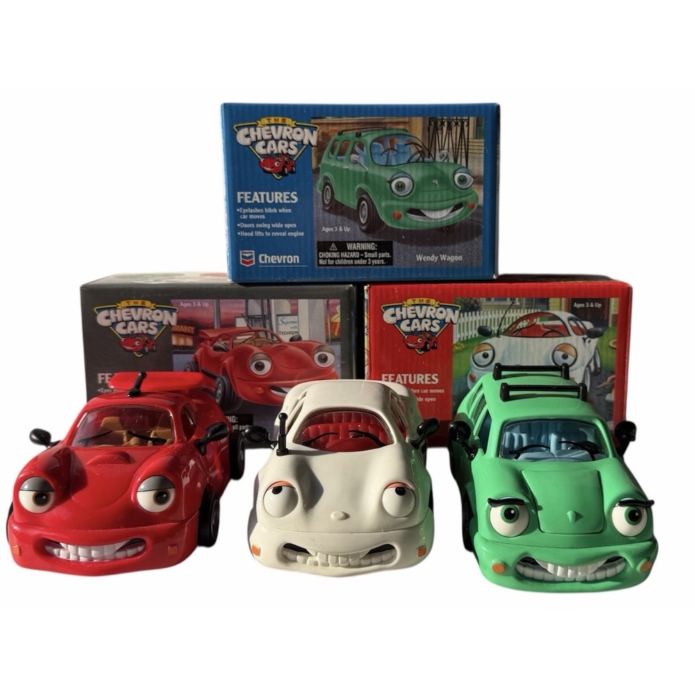 The Chevron Cars Tony Turbo, Sam Sedan & Wendy Wagon, Vintage 1996 3 New In Box